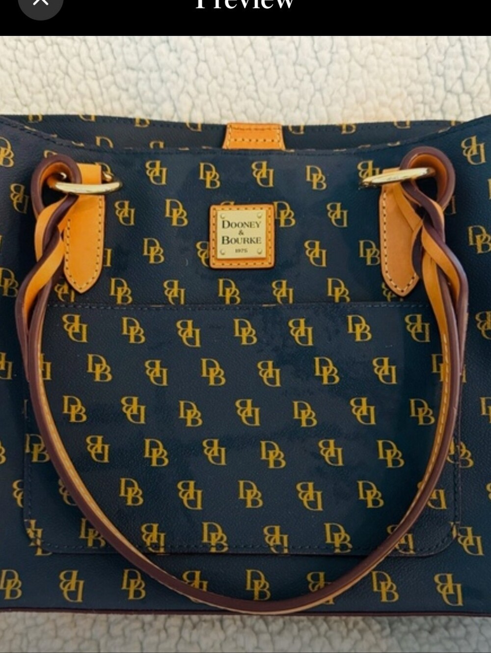 Authentic Dooney & Burke-Blakely Small Tammy with Yellow Logo Print and Tan Trim